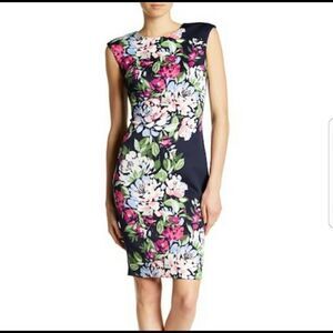 New Vince Camuto Navy Fitted Sheath Floral Midi‎ Dress Size 2